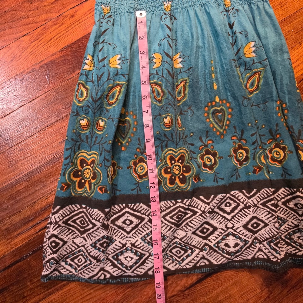 Y2K Shescool Teal Blue Floral Paisley Boho Smocked Waist Cotton Mini Sundress M - Picture 3 of 4